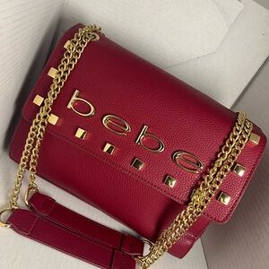 Bebe Red Studded Logo Chain Shoulder Bag Gold Hardware Flap Crossbody Purse